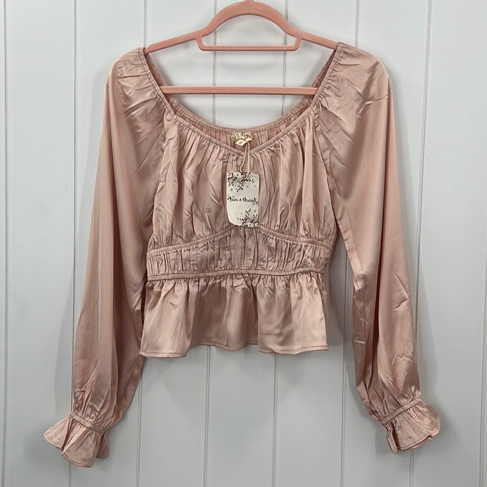 Hem & Thread Satin Blouse Ruched Detail Ruffle Sleeve